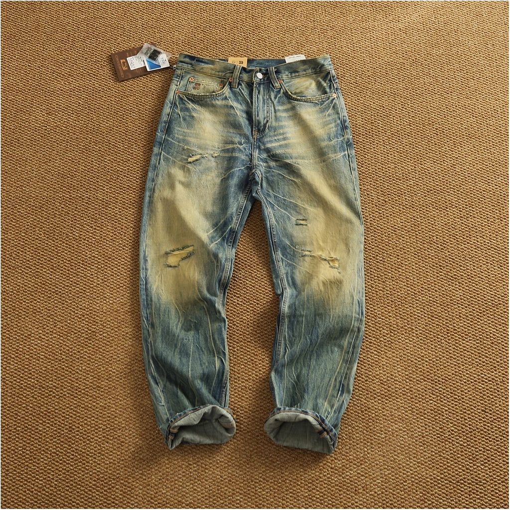 2025 Autumn New American Retro Heavyweight Ripped Denim Men's Fashion 100% Cotton Washed Old Straight Tapered Casual Jeans
