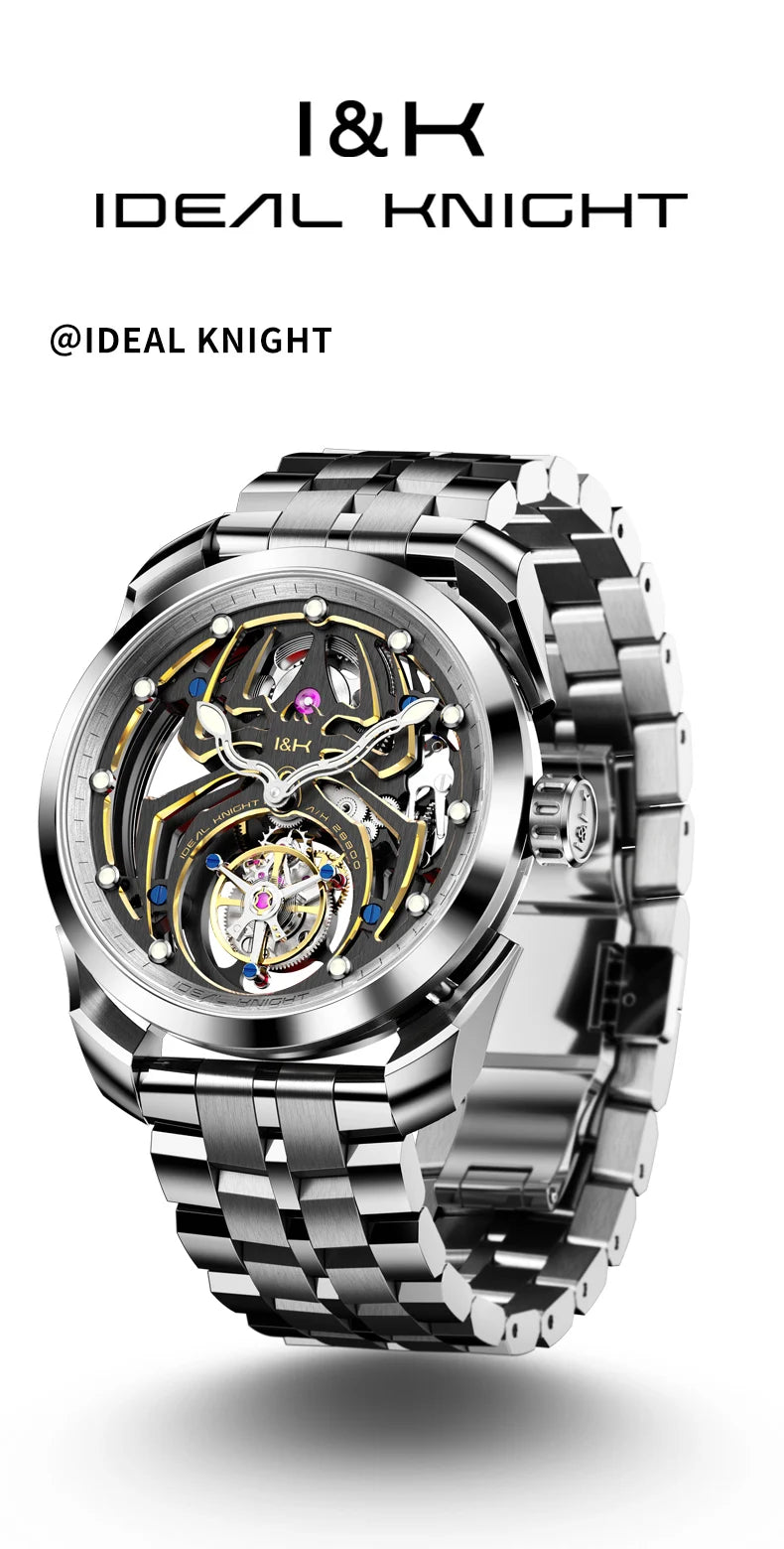 Ideal Knight Automatic Mechanical Watch for Men Hollow out Spider Design   Flywheel Movement Sapphire Mirror Men's Watches