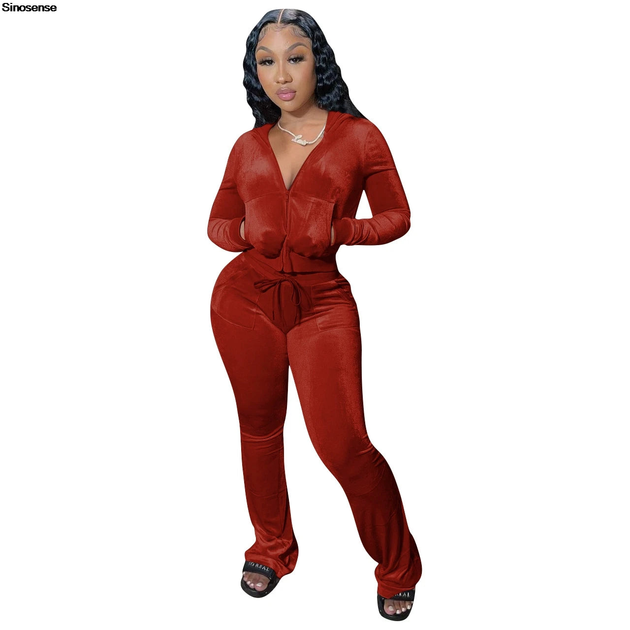 Women Autumn Two Piece Outfits 2 Piece Velour Tracksuit Velvet Sweatsuits Zip Up Hooded Jacket Bodycon Flared Pants Jogger Sets