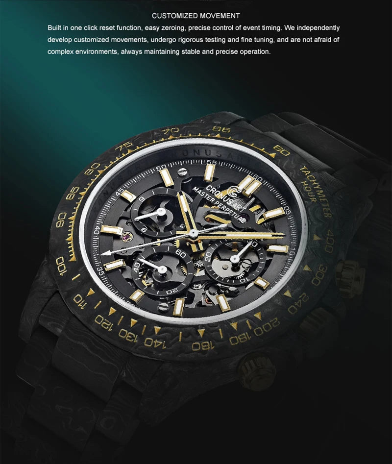 CRONUSART Men Chronograph Watch 42mm Automatic Mechanical Wristwatch Carbonfiber Case & Bracelet Luminous Sapphire Skeleton Dial