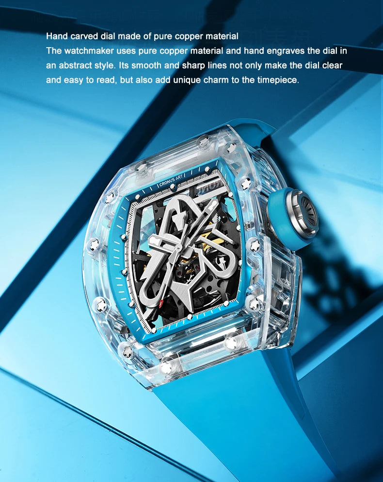 CRONUSART Men Automatic Watch 50mm Tonneau Mechanical Wristwatch Sapphire Case & Mirror Luminous Fluororubber Strap Skeleton