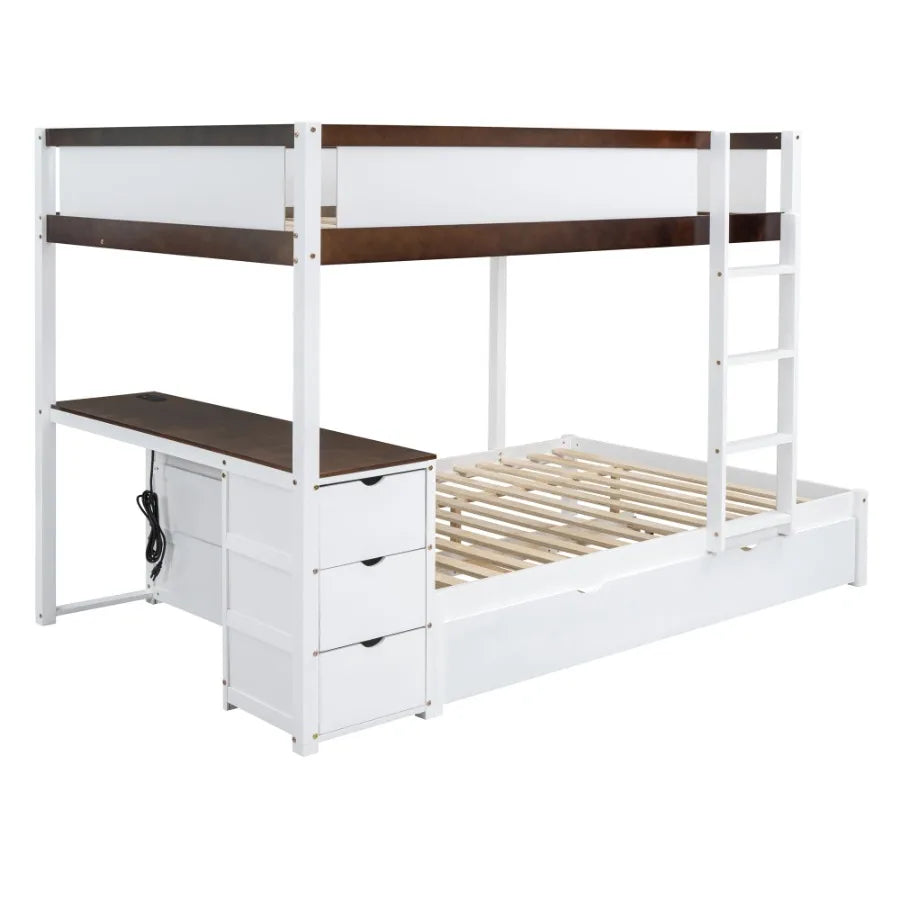 Full-Over-Full Bunk Bed with Twin size Trundle Storage and Desk White+Walnut
