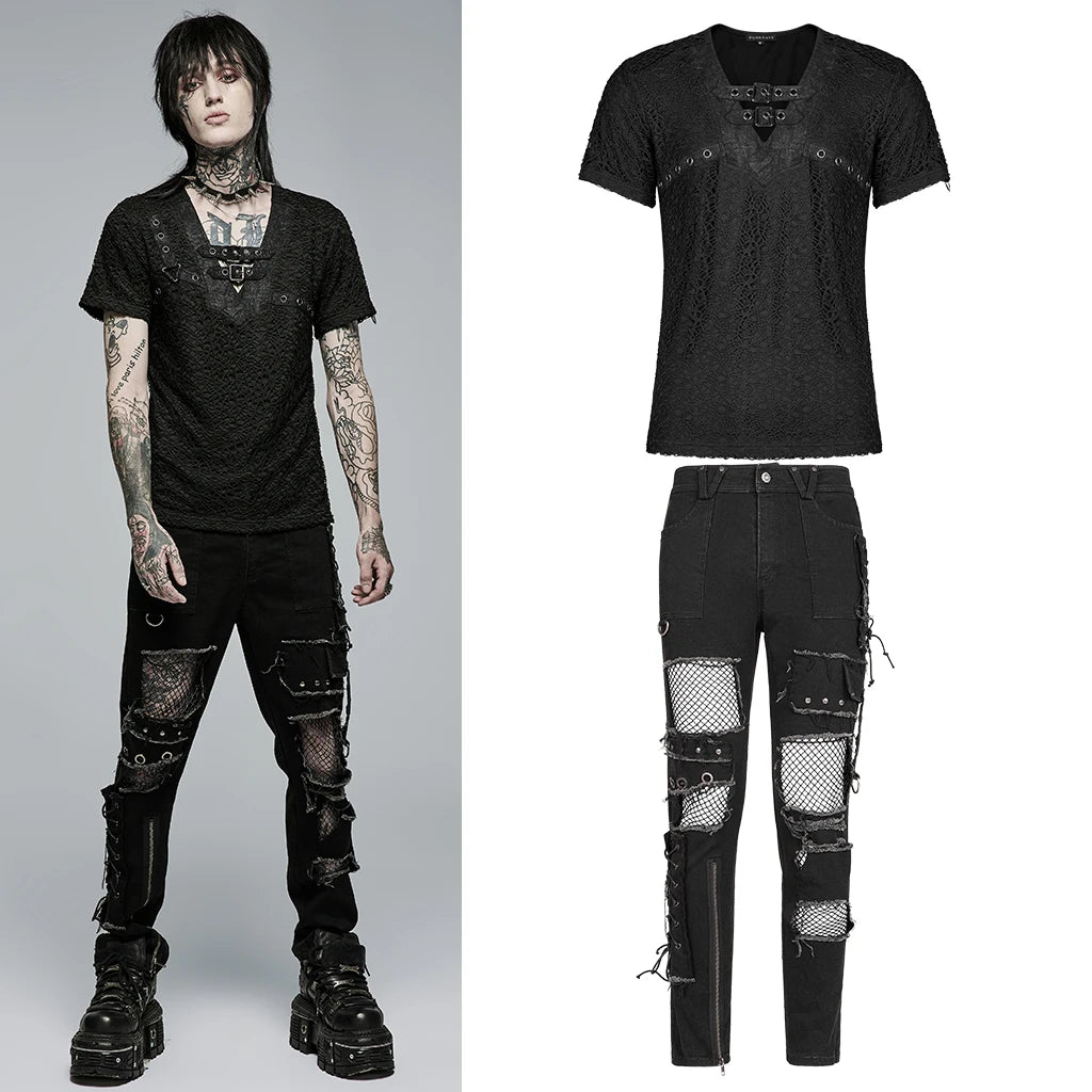 PUNK RAVE New Men's Punk Rock Broken Hole Net Black Long  Trousers Gothic Casual Male Motocycle Cotton Denim Pants Visual Kei