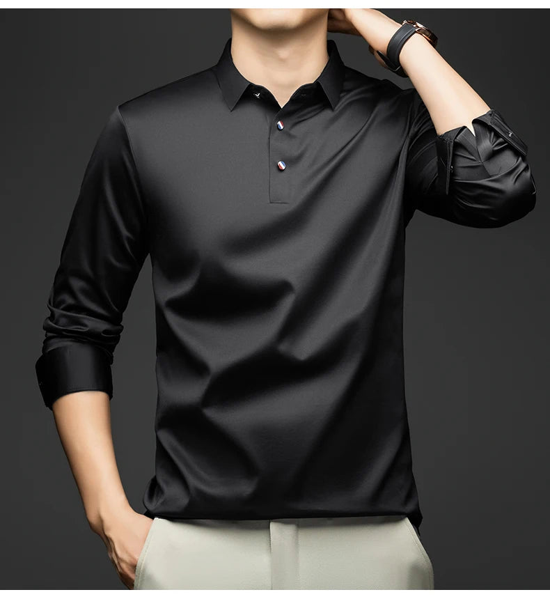 BROWON 2025 Spring Autumn Casual Work Tops Man Tshirt Long Sleeve Solid Color Soft Elegant Business Mulberry Silk T Shirt Man
