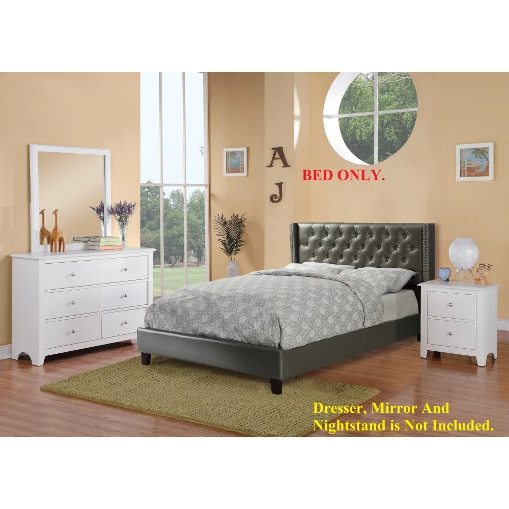 Full Size Silver Faux Leather Upholstered Tufted Bed Frame Headboard Bedroom Set