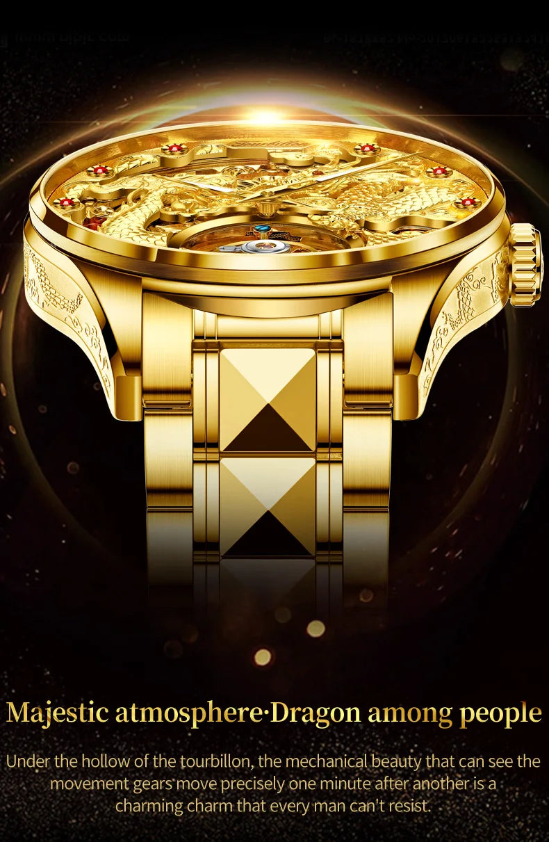 100% Golden Dragon OUPINKE 3176 True Tourbillon Watch Brand Luxury Tungsten Steel Men Automatic Mechanical Watch Reloj Hombre