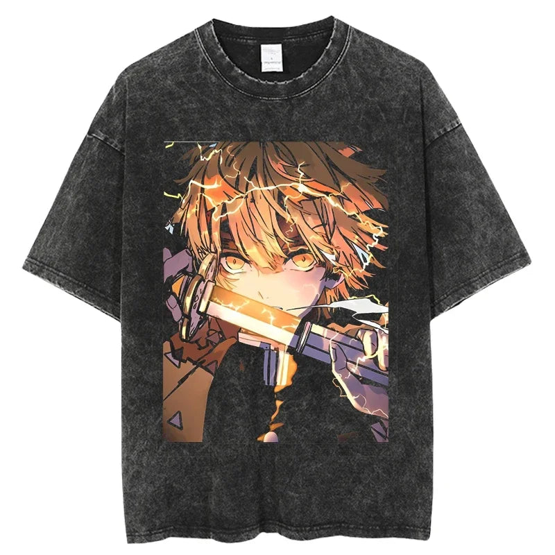 2024 Kimetsu no Yaiba Japanese Anime T Shirt Harajuku Man T Shirts Tees Shirt Tops Design Washed Black Short-Sleeve unisex top