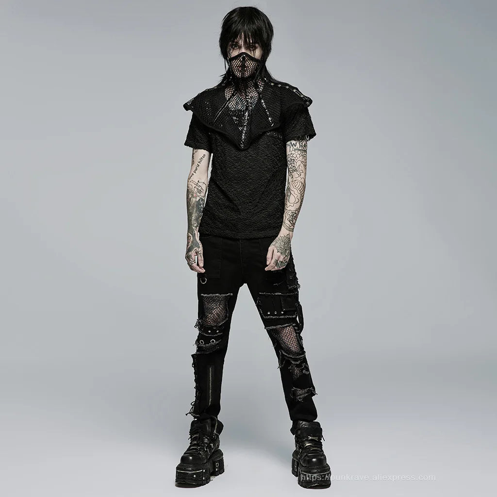 PUNK RAVE New Men's Punk Rock Broken Hole Net Black Long  Trousers Gothic Casual Male Motocycle Cotton Denim Pants Visual Kei