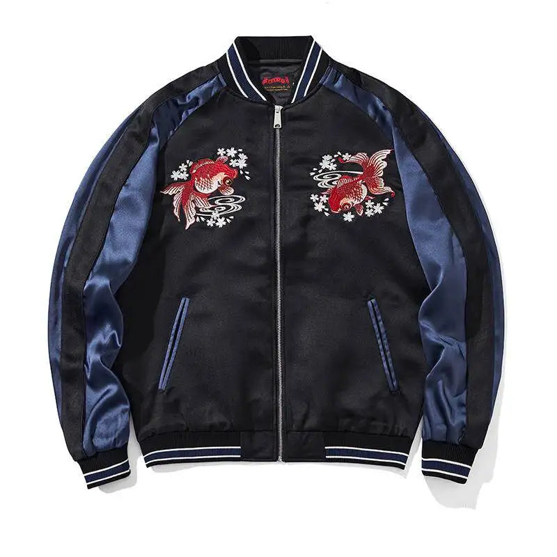 Cherry Blossom Embroidered Jacket Boys Top Spring and Autumn Japanese Sukajan Koi Fish Sakura Embroidered Satin Bomber Jacket