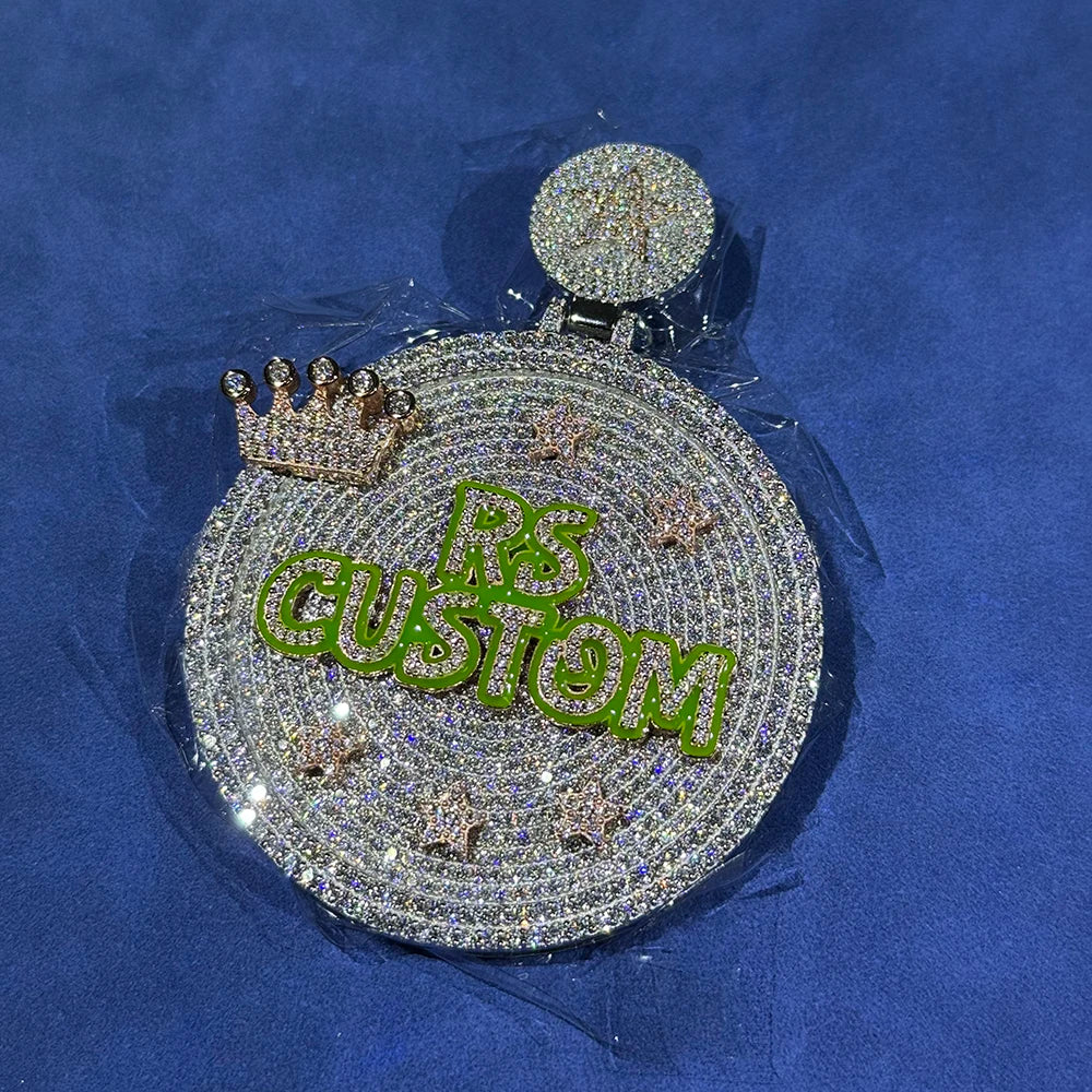 HHIOK Custom 60mm Charm Crown Star Green Night Glow Enamel Letter Moissanite Pendant Necklace 925 Sterling Silver Jewelry