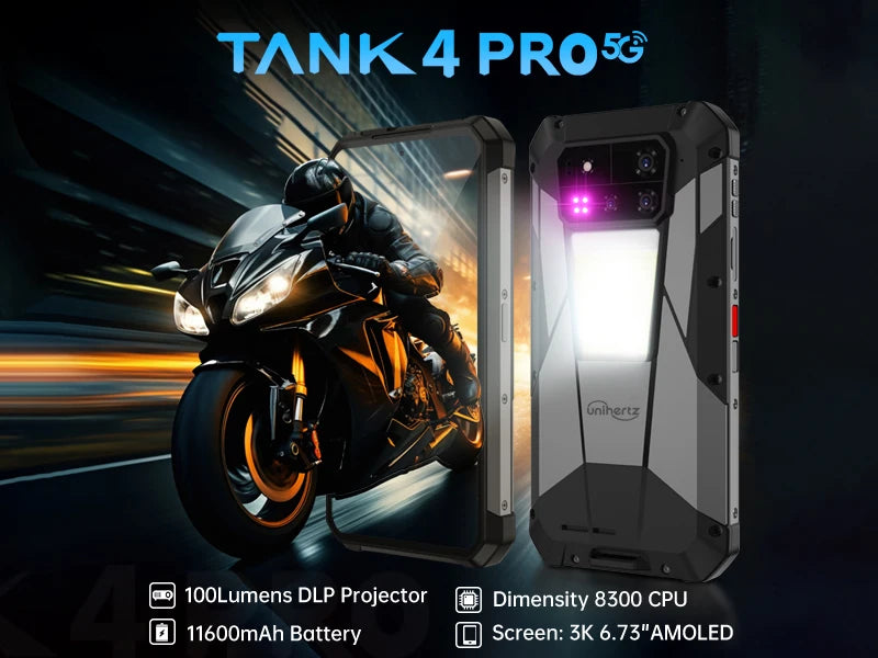 Unihertz by 8849 Tank 4 pr Smartphone 5G with 720P Projector 512GB 1TB Dimensity 8300 CPU 6.73" 3k AMOLED 11600mAh Android 14