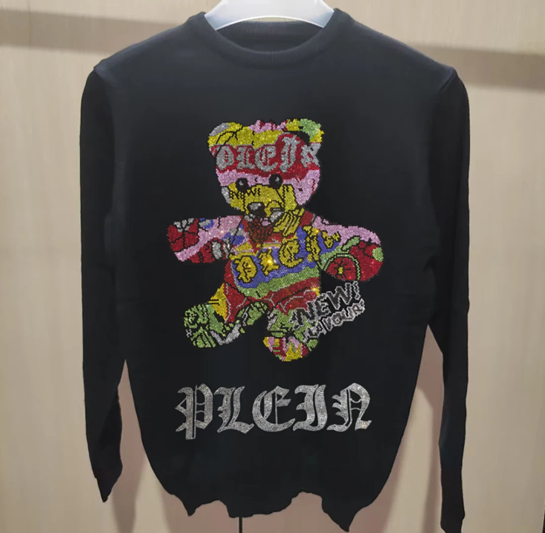 Men's Streetwear Sweater Rhinestone Skull Trendy Cartoon design Male Pullover Plus Size Black Tops Hip-Hop Round Neck Clothing