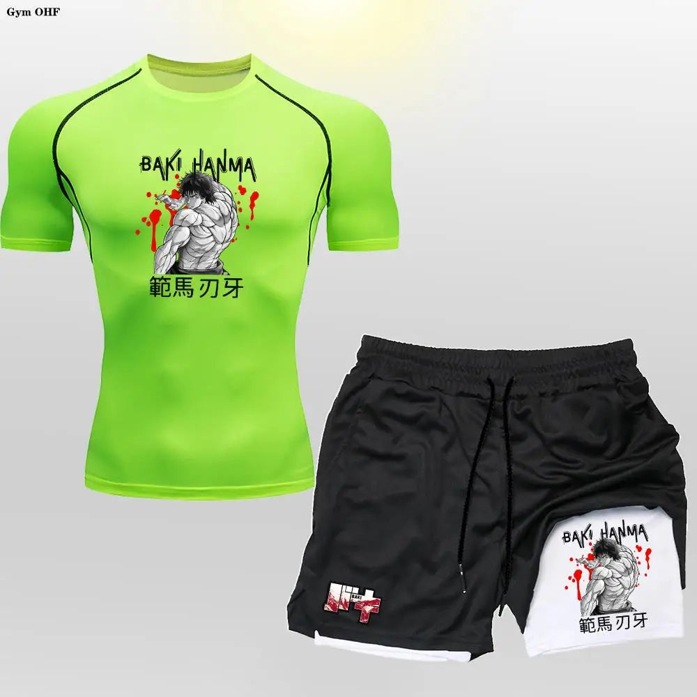 Anime Baki Sport Suits Runing Compression Shirt Shorts Sets Gym Fitness Jogging Training Rashguard Sportwear 2 in 1 Mens