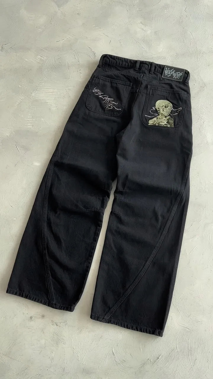 Thriller Zombie Full Embroidery Hip Hop Punk Jeans Men Women High Waist Straight Wide Leg Denim Pants Y2k Retro Baggy Jeans