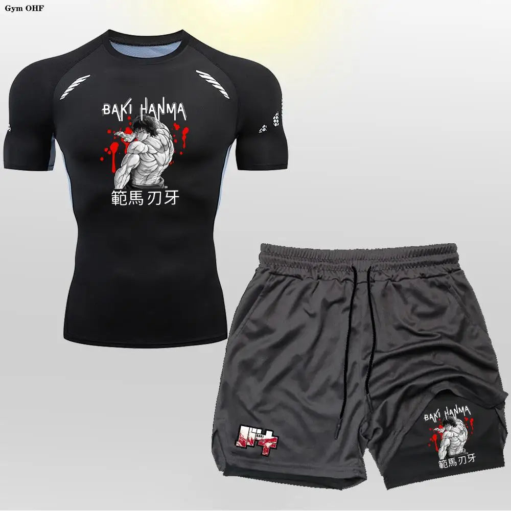 Anime Baki Sport Suits Runing Compression Shirt Shorts Sets Gym Fitness Jogging Training Rashguard Sportwear 2 in 1 Mens