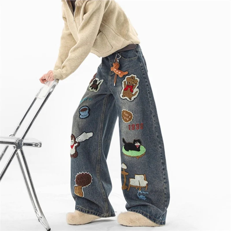 Hip Hop Cartoon Graffiti Graphic Appliques Baggy Jean Man Casual Embroidered Straight Wide-Leg Denim Pants Y2K Streetwear Jeans