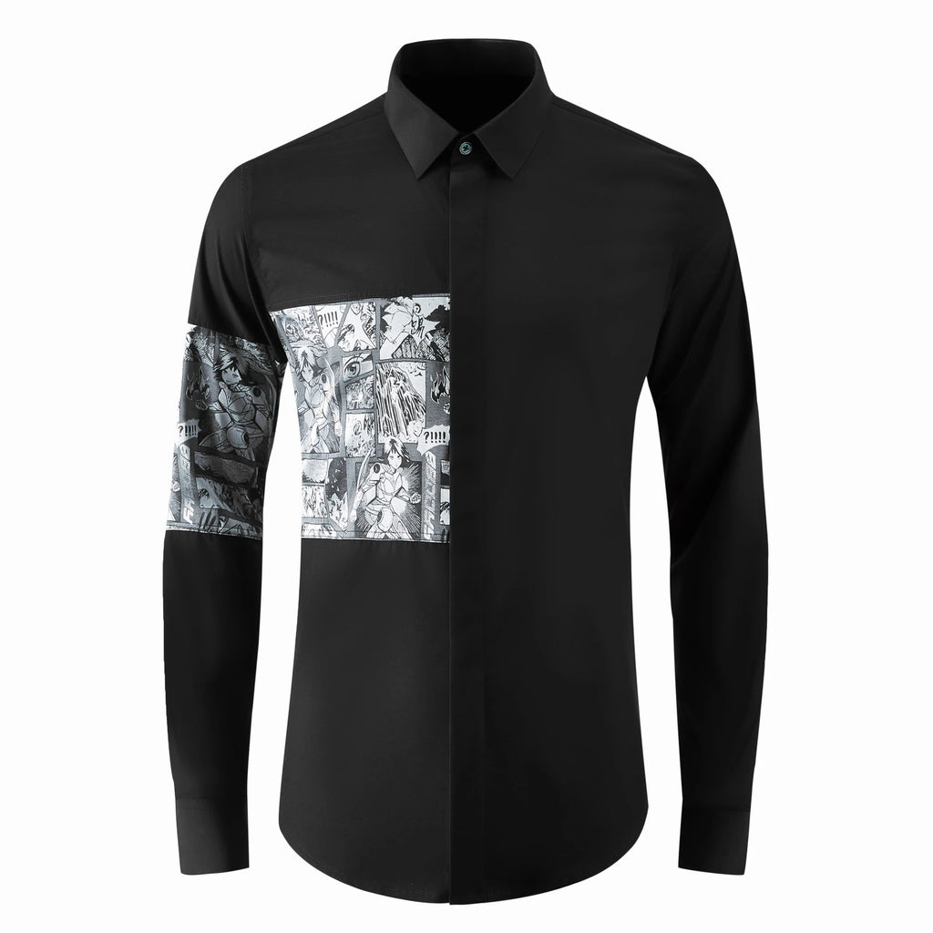 2024 Cartoon Printed Splicing Shirt for Men Long Sleeve Slim Casual Shirts Fashion Lapel Slim Fit Social Streetwear Men Clothing