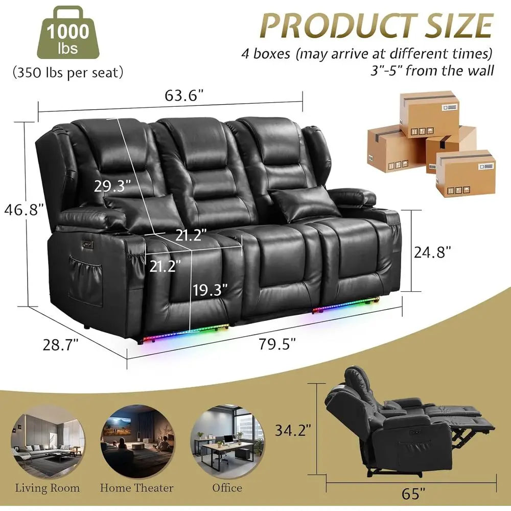 Adjustable Split Back Reclining Loveseat with Storage, Cup Holders, LED Lighting - Black Auxiliary Leather Home Theater Seating