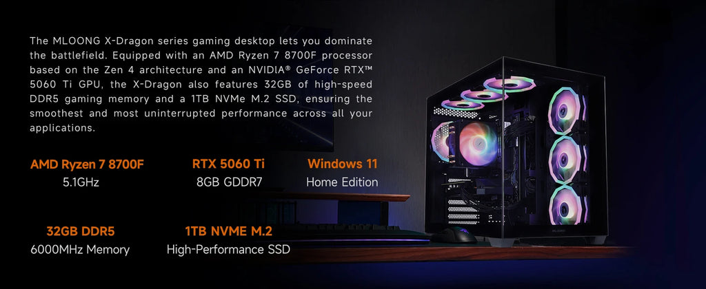MLOONG Gaming PC Desktop, AMD Ryzen 7 8700F, GeForce RTX 5060Ti 8GB, 32GB DDR5 RAM, 1TB NVME SSD, 650W PSU, Windows 11 Home 64-b