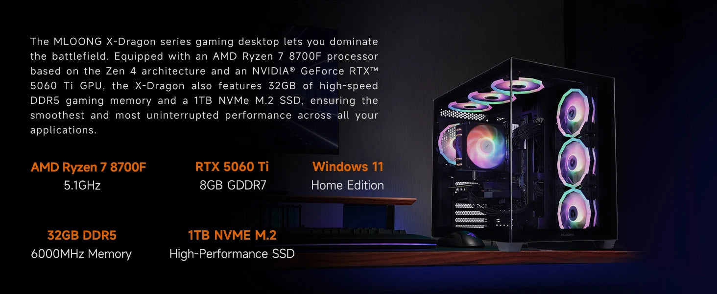 MLOONG Gaming PC Desktop, AMD Ryzen 7 8700F, GeForce RTX 5060Ti 8GB, 32GB DDR5 RAM, 1TB NVME SSD, 650W PSU, Windows 11 Home 64-b
