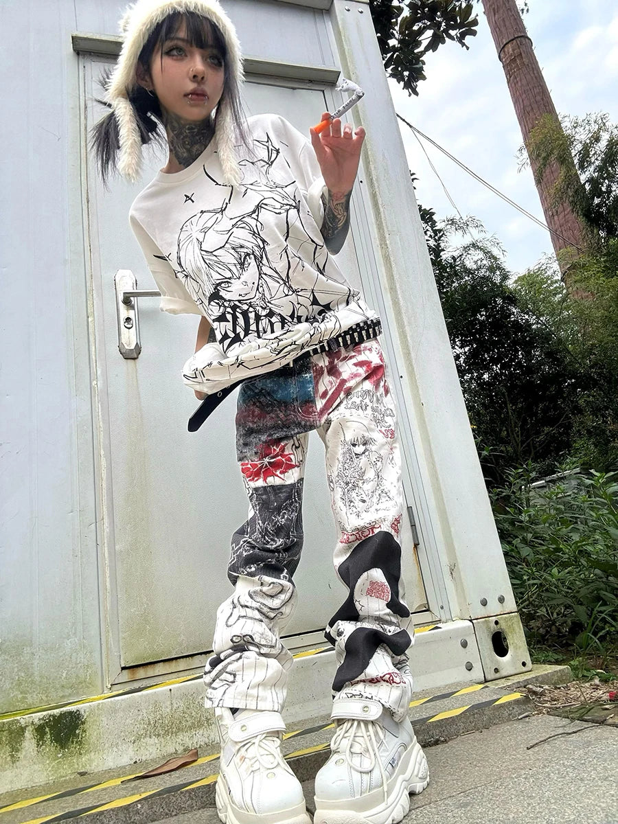 REDDACHiC Anime Graffiti Wide Leg Jeans Street Grunge Remake Paint-Splattered Straight High Waist Denim Pants Gyaru Y2k Bottoms