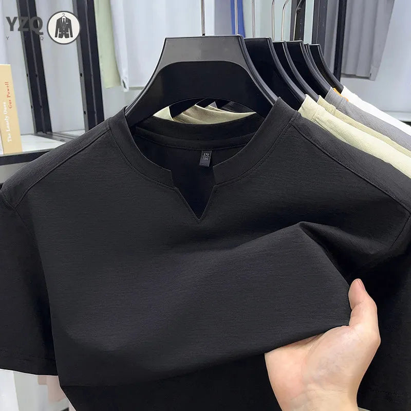Korean Men's Short Sleeve V-Neck T-Shirt Solid Color Casual Fashion Comfortable Summer Versatile Solid Top