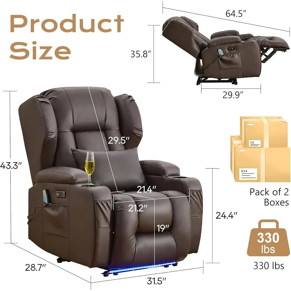 Brown Leather Power Reclining Sofa with Massage, Heat, LED Lights, USB Ports, Cup Holders & Side Pockets