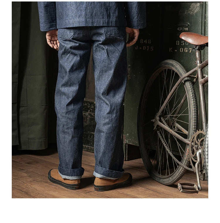 Rugged Bronson Workwear Pants Bronson USN Dungaree Clamp Denim Wide Leg Straight Cut Jeans Original Color Unisex Long Trousers