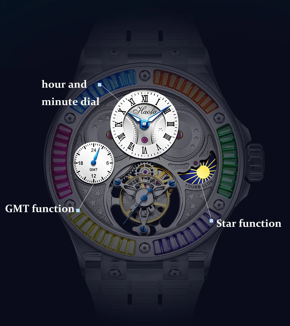 Haofa GMT Tourbillon Man Watch 2101 Luxury Rainbow Crystal Day And Night Manual Tourbillon Mechanical Men Watches Sapphire