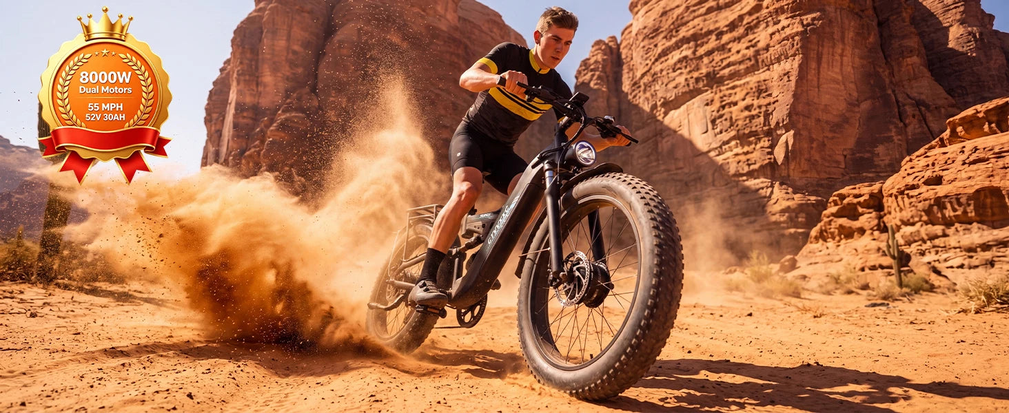 8000W Dual Motor Electric Bike for Adults, Ebike 55 MPH, 52V 30AH, E-Bike 120Miles, 26'' Fat Tire All Terrain E Bike for Men Wom