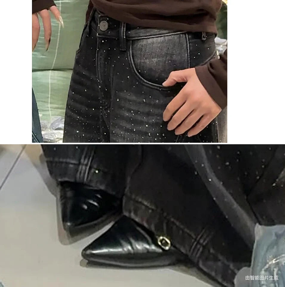 Glittering Rhinestone Denim Pants for Women's New Wide Leg Design Jeans Sensation Floor-Length Pants Loose Jeans
