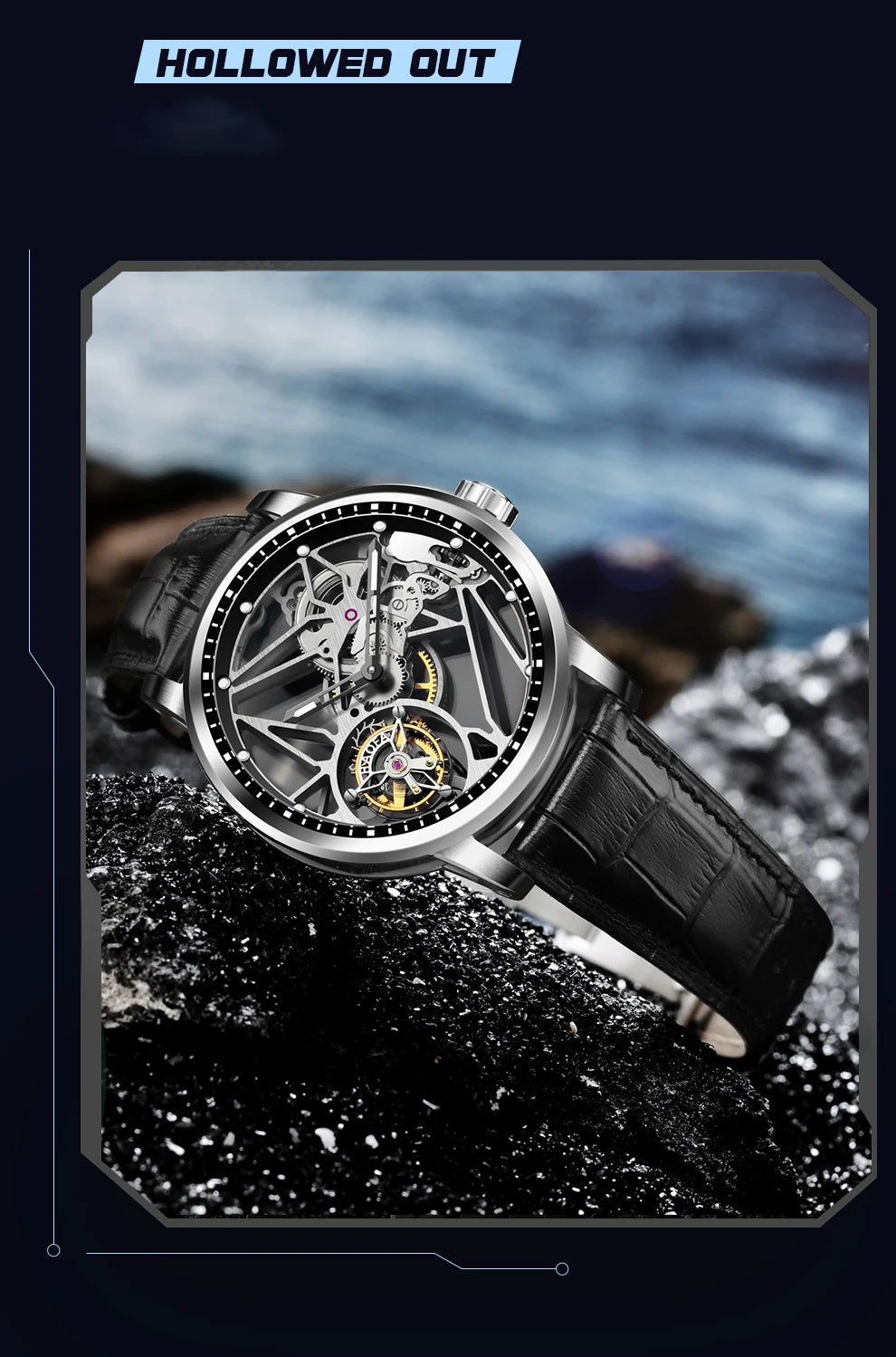 Haofa Skeleton Tourbillon Mechanical Man Watch 1925B Luxury Simple Hollow Tourbillon Movement Men Watches Business
