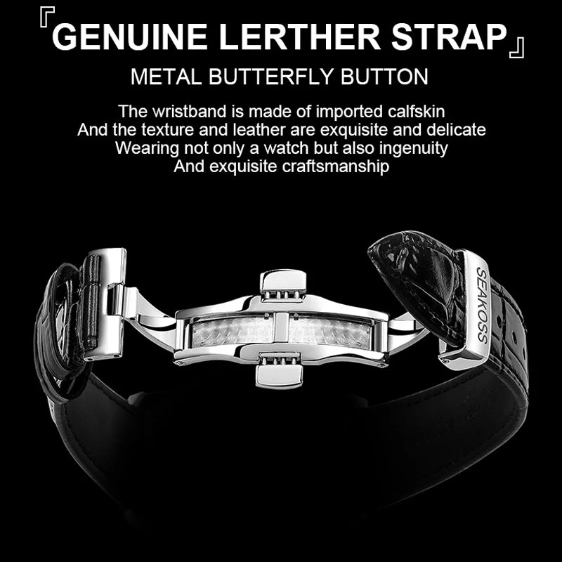 SEAKOSS Luxury Skeleton Men's Tourbillon Manual Mechanical Watches Double Tourbillon Luminous Hands Watch for Men Sapphire Glass
