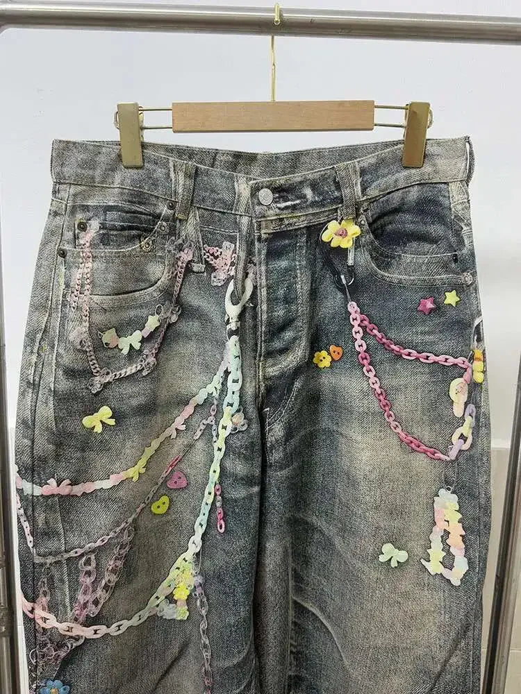 DEAT Fashion Women's 3D Chain Printed Contrast Color Jeans Niche Design High Waist Casual Denim Pants Female Trendy 11A04071