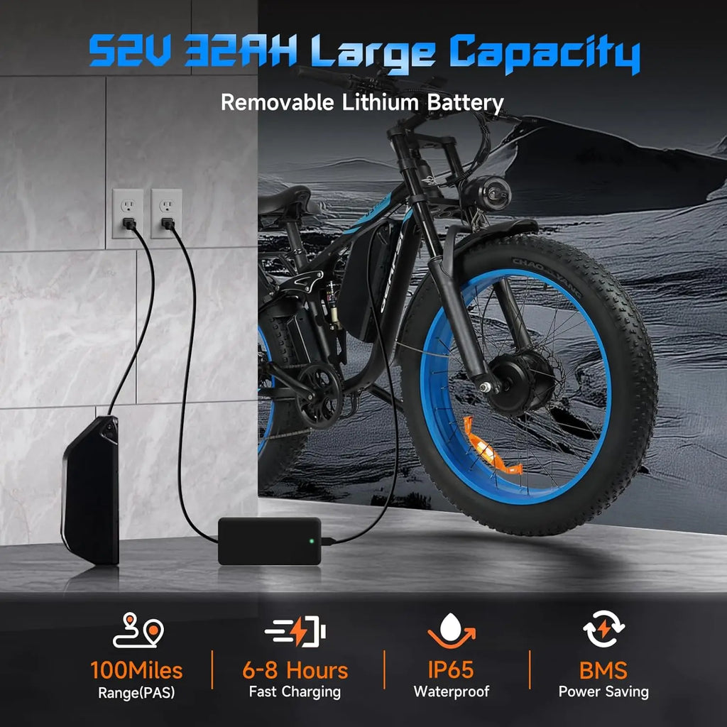 BAOLUJIE 2603 Electric Bike for Adults，52V 32AH Electric Bicycle，Peak 5000W Mountain E-bikes，21-speed Dual Motors Moped Ebike
