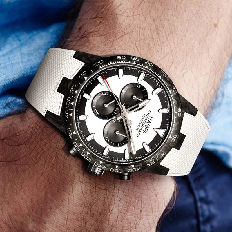 Haofa Carbon Fiber Chronograph Watch Automatic Mechanical Watches for Men Sapphire Waterproof Watch Cool Multi-function 2366