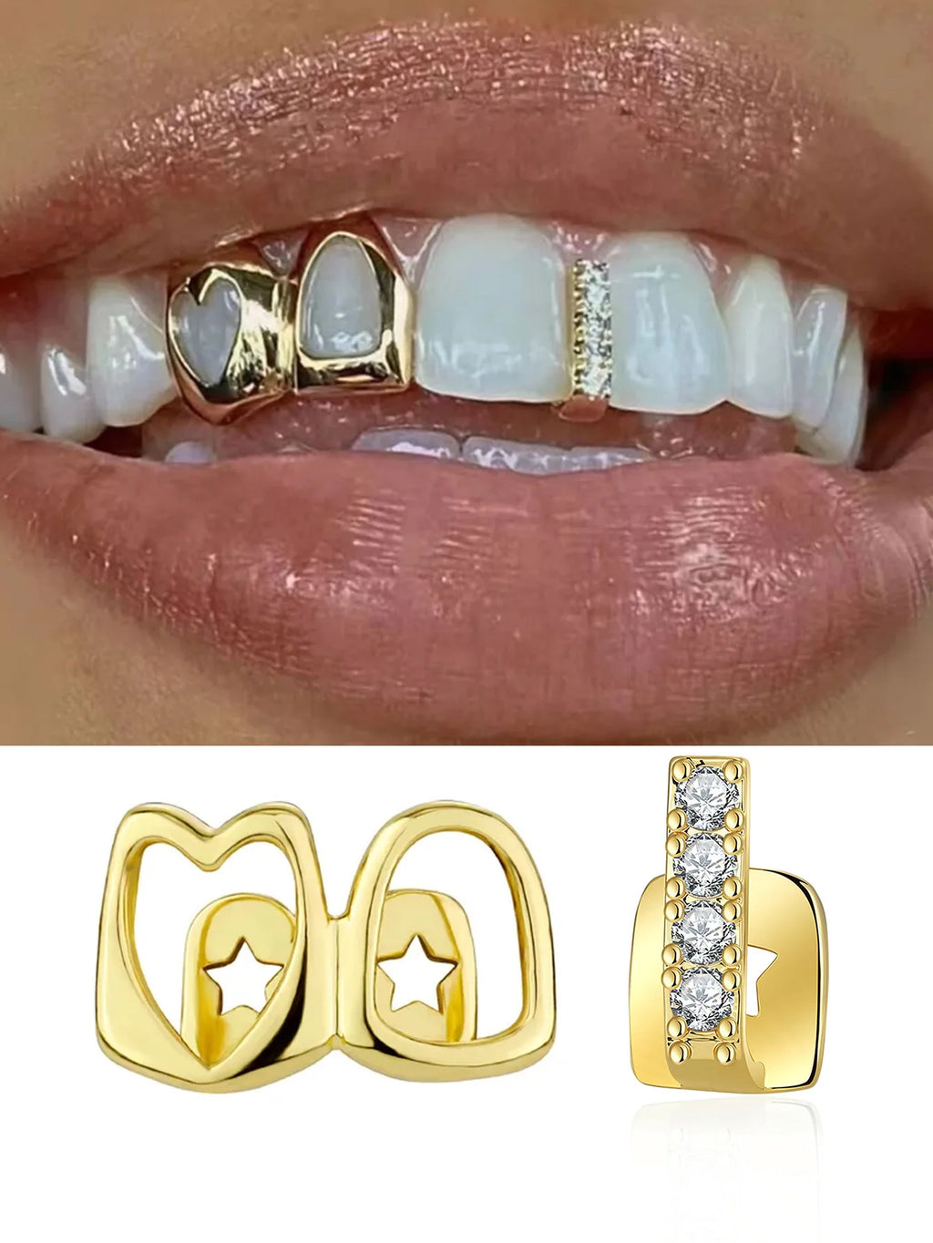 2pcs/Set Hip-Hop Hollow Out Heart Stick Diamond Double Tooth Set, Daily Street Fashion Cool Smooth Gold Teeth