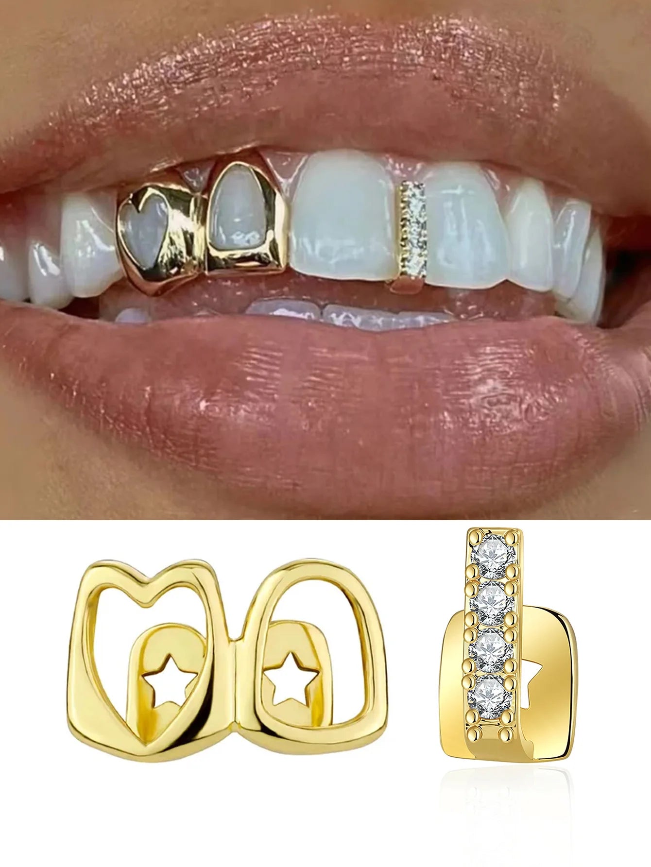 2pcs/Set Hip-Hop Hollow Out Heart Stick Diamond Double Tooth Set, Daily Street Fashion Cool Smooth Gold Teeth