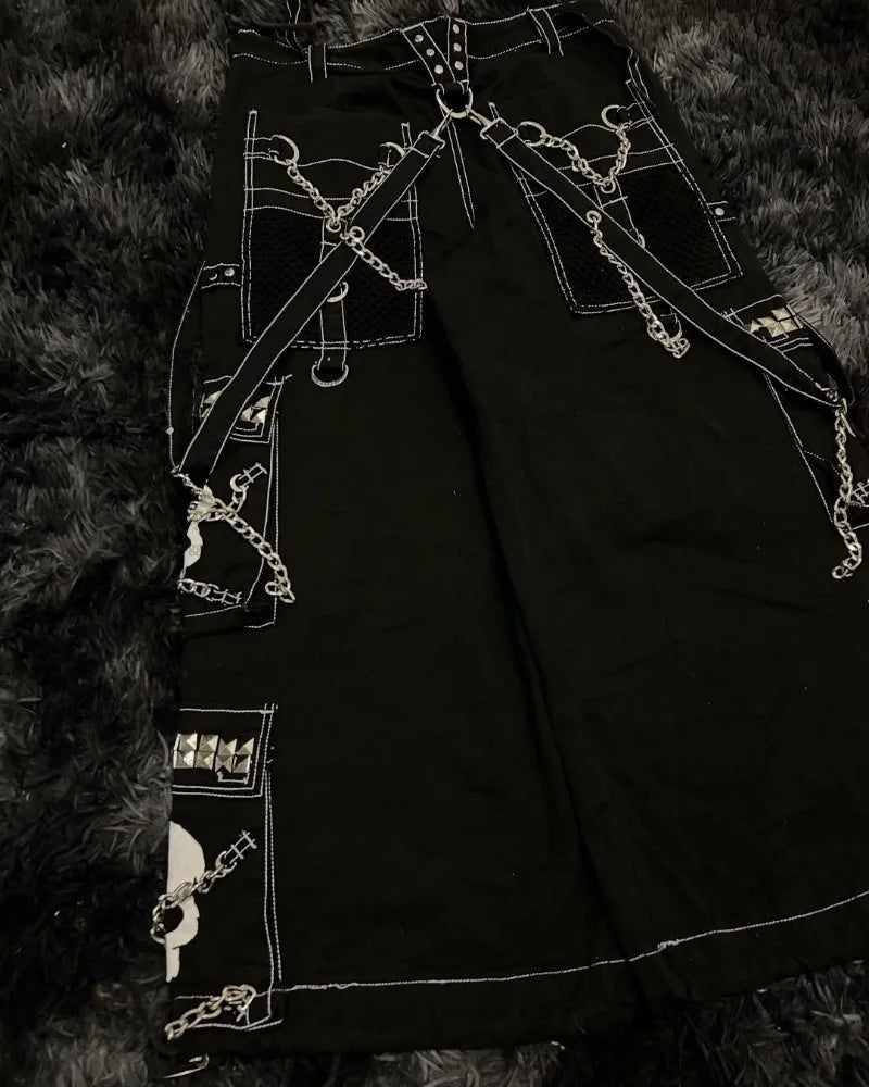 Street fashion chain brand Skull Bone Design jeans retro Harajuku style men's wide leg pants street rock multi-chain loose pants