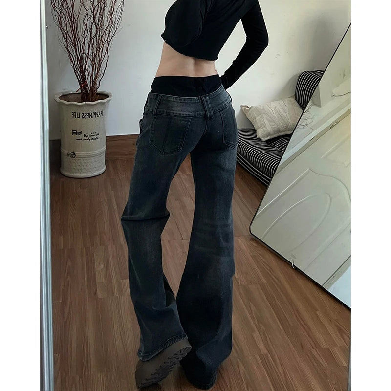 American Retro Low Waisted Jeans for Women's New Style Loose and Personalized Spicy Girl Design Washed Micro Flared Pants