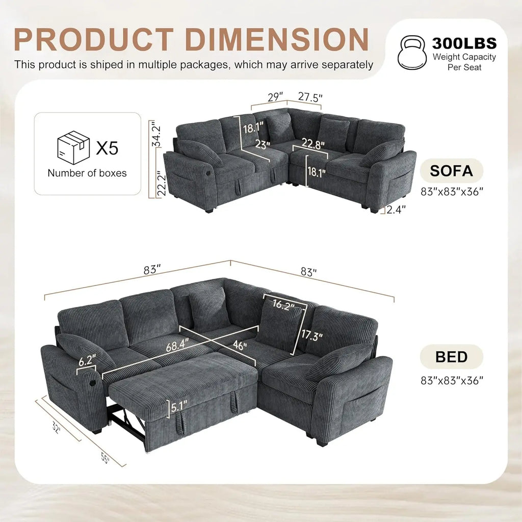 L Shaped Sectional Sleeper Sofa with Pull Out Bed Storage USB Charging Living Room Apartment, Custom