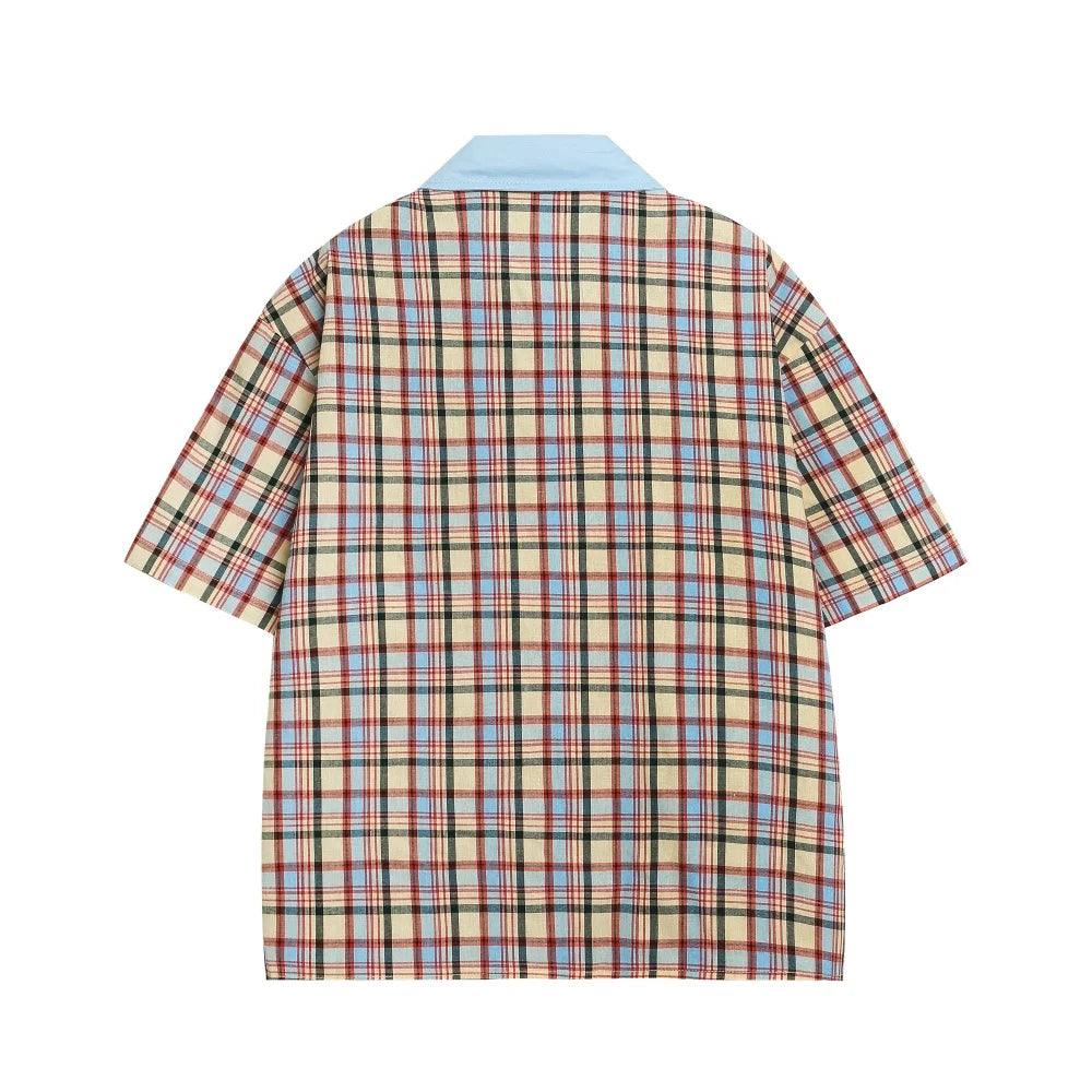 Cartoon Embroidery Short Sleeve Checked Shirt Mens Summer Retro Casual Spliced Lapel Single Breasted Half-Sleeve Plaid Shirts