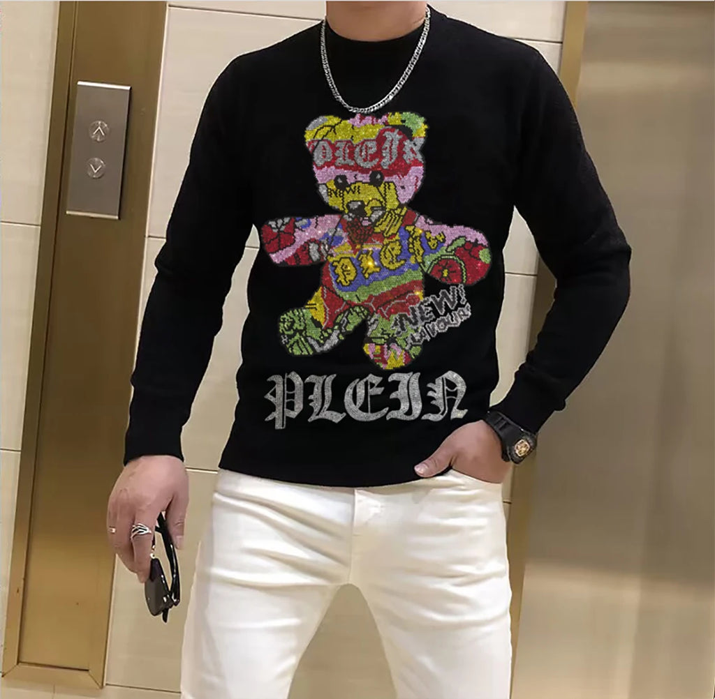 Men's Streetwear Sweater Rhinestone Skull Trendy Cartoon design Male Pullover Plus Size Black Tops Hip-Hop Round Neck Clothing