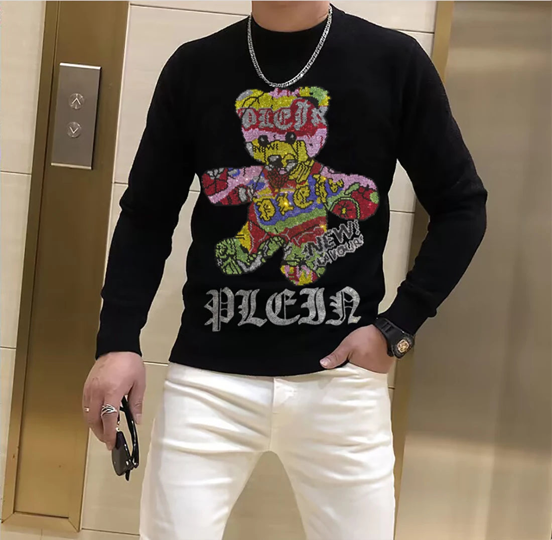 Men's Streetwear Sweater Rhinestone Skull Trendy Cartoon design Male Pullover Plus Size Black Tops Hip-Hop Round Neck Clothing