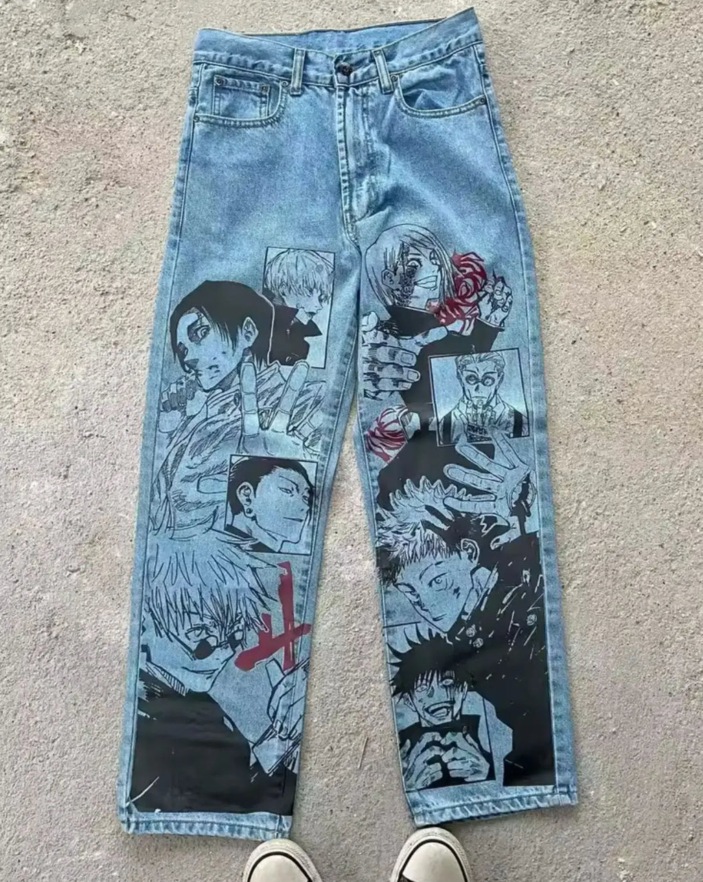 New Trend Printed Demon Slayer One Piece Jujutsu Kaisen Anime Characters Teen Loose Casual Jeans Japanese Retro Straight Jeans