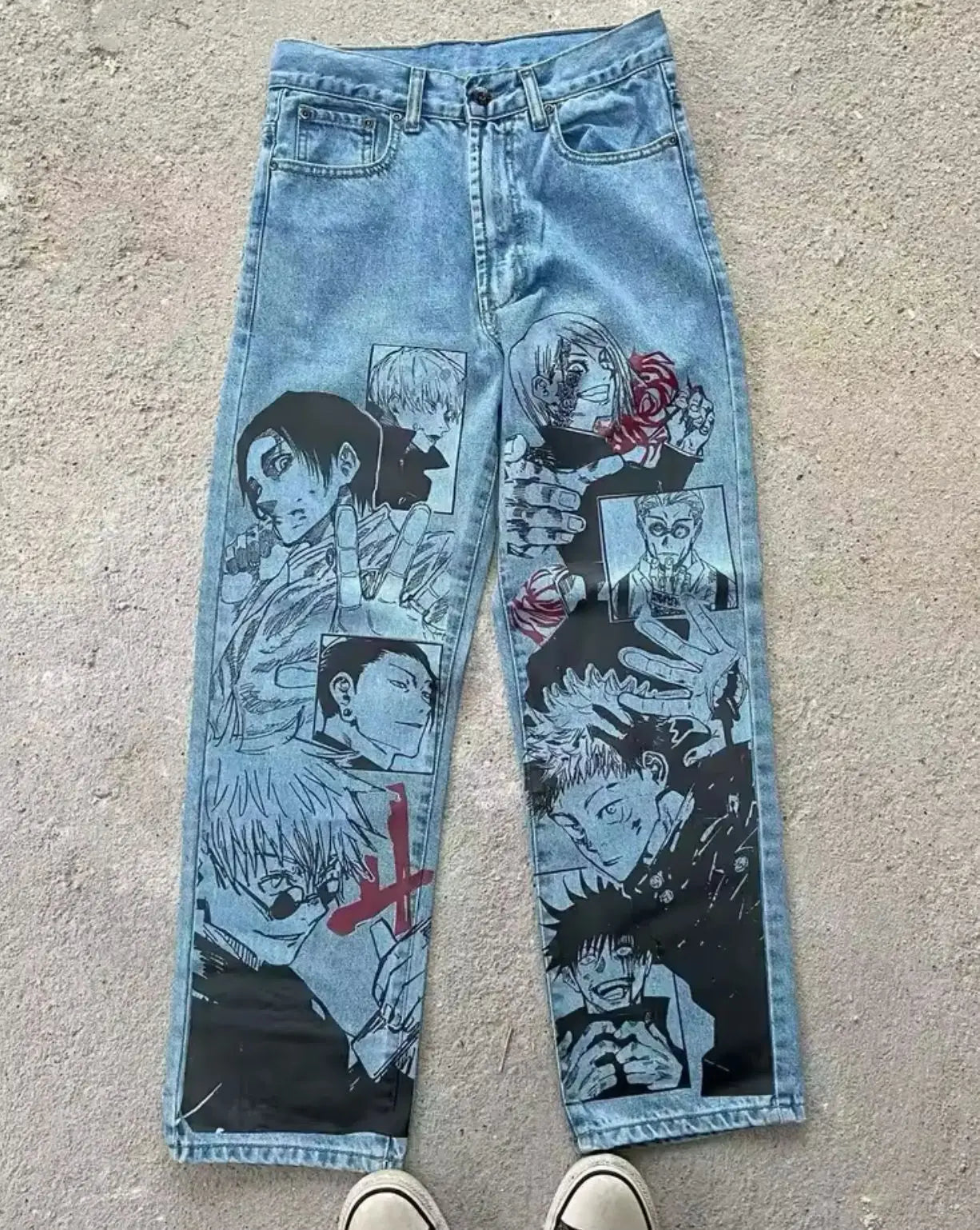 New Trend Printed Demon Slayer One Piece Jujutsu Kaisen Anime Characters Teen Loose Casual Jeans Japanese Retro Straight Jeans