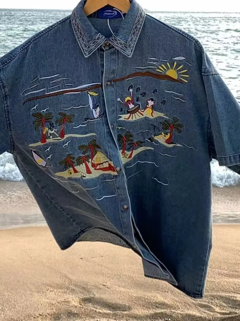 Retro American Cartoon Embroidery Denim Short Sleeve Shirt Loose Casual Summer Thin Neutral Style Men Women Outerwear
