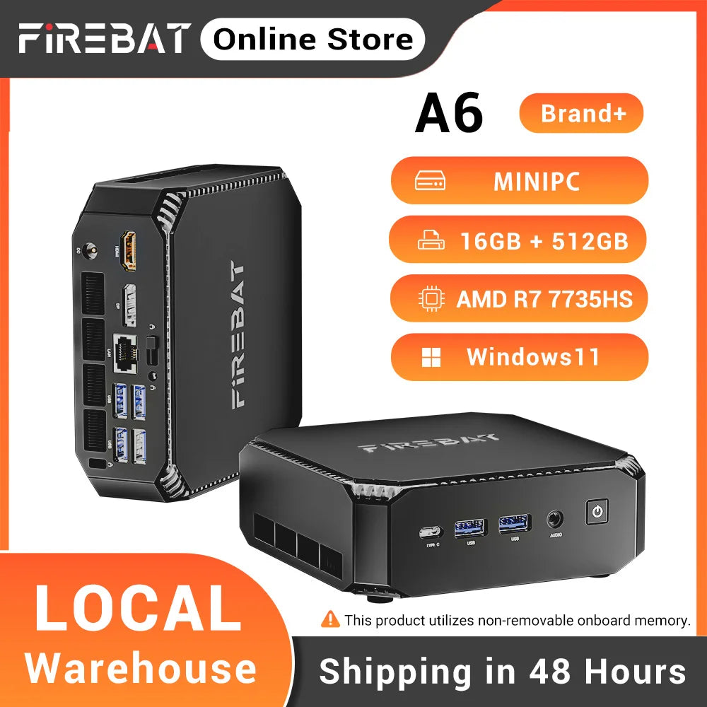 FIREBAT A6 Mini PC AMD Ryzen 7 7735HS LPDDR5 16GB RAM M.2 PCIe 512GB SSD WiFi 6 BT 5.2 2500M LAN Windows 11 Desktop Computer