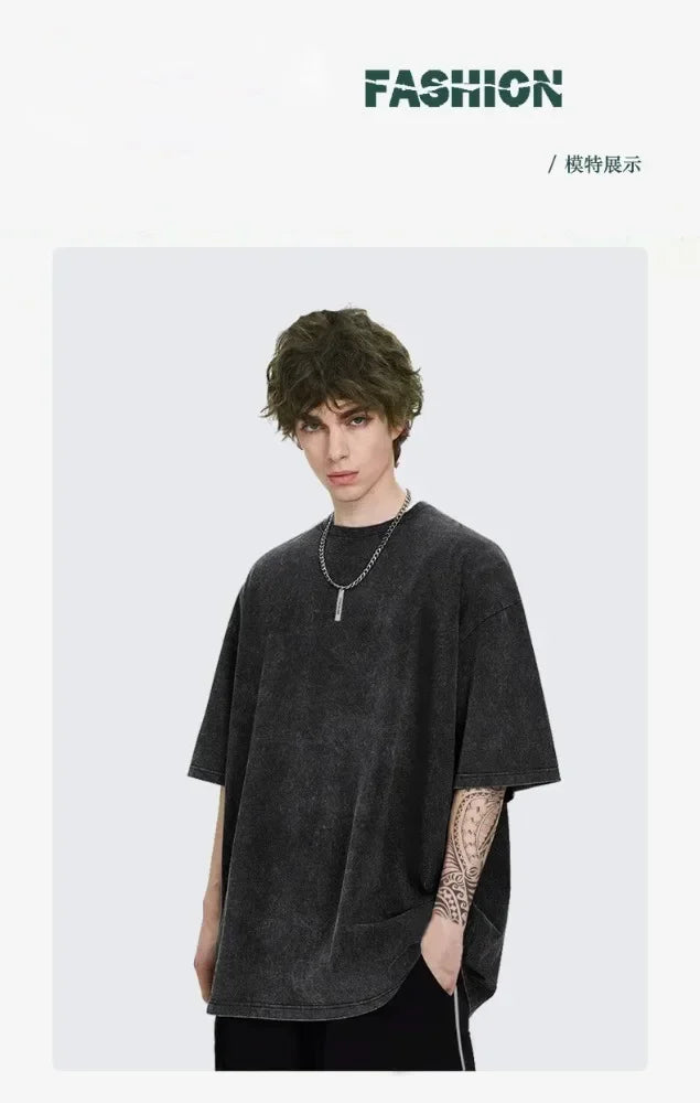 2025 American retro washed old heavy cotton solid color short-sleeved Tshirt summer loose top tide washed T-shirt VLONE Hip Hop