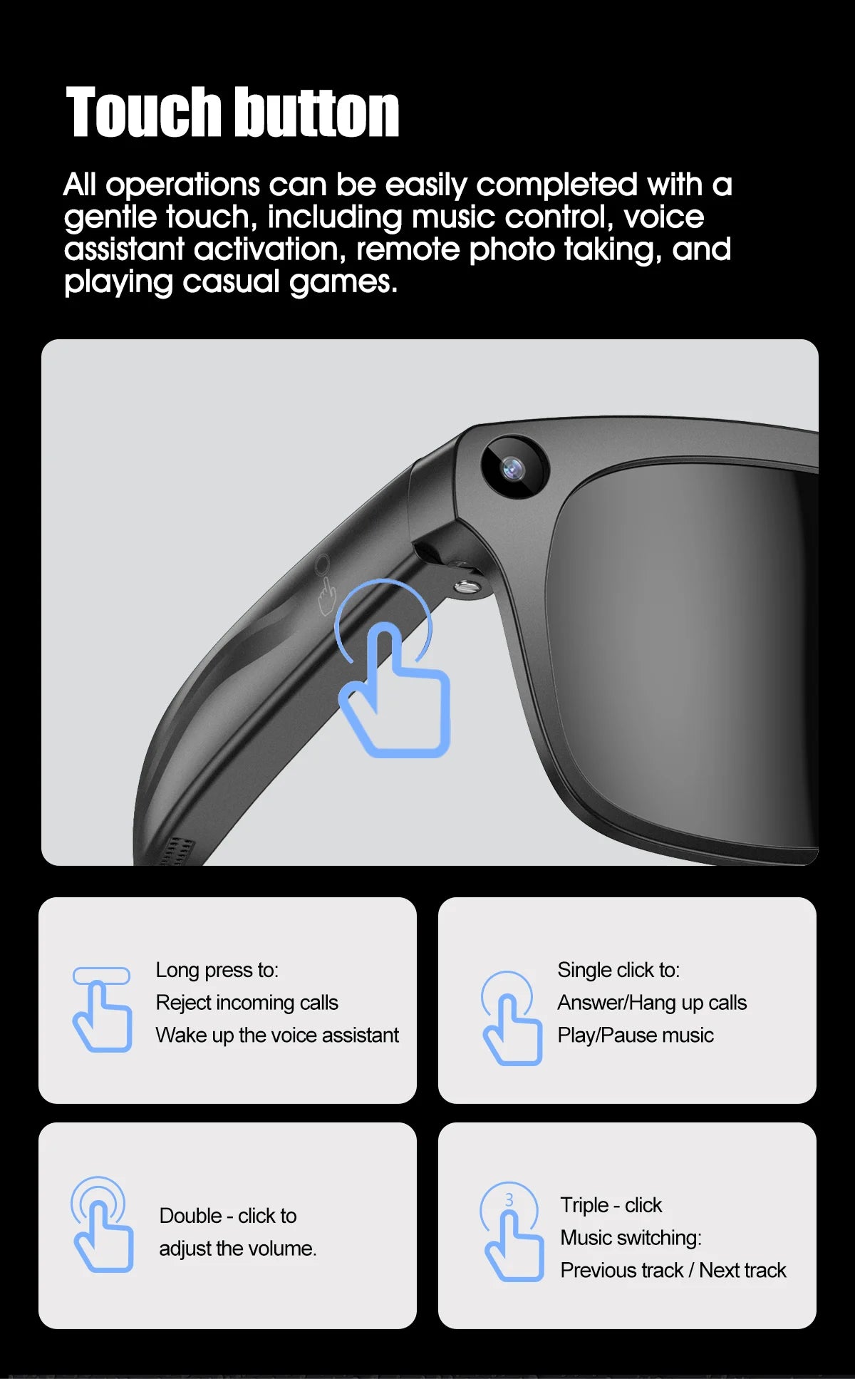 Smart Glasses 100W Camera Anti-shake Video Recording Music Control Photo Recognition Bluetooth Call Sports Sunglasses Waterproof